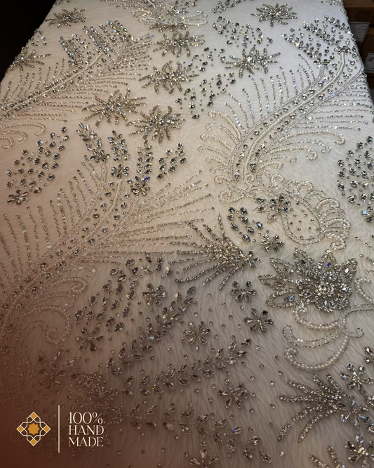 Exquisite Hand-Embroidered Ivory Floral and Abstract Fabric: Unparalleled Elegance for Luxe Creations