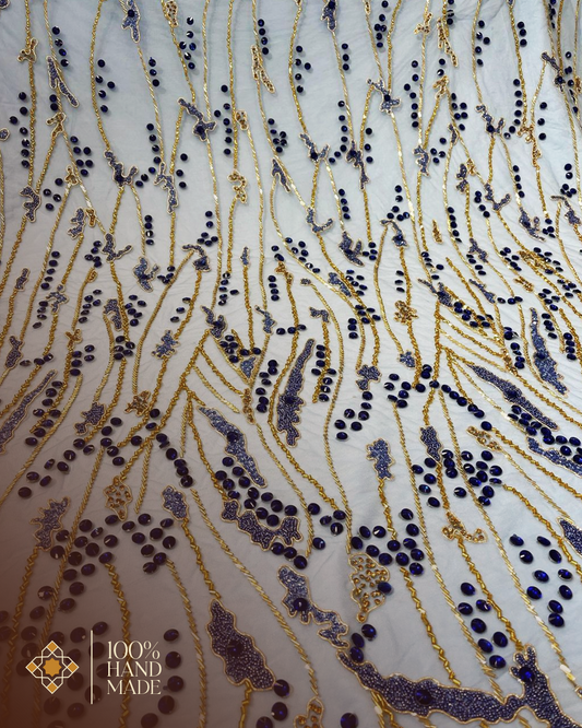 Luxurious Handcrafted Embroidered Fabric – Dynamic Gold & Blue Design with Silver & Purple Options