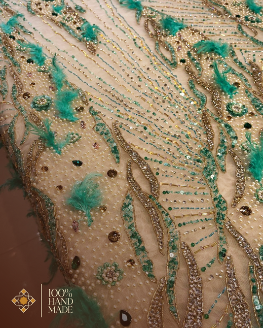 Exquisite Handcrafted Feathered Embroidery Fabric – Green & Pink Luxury Options