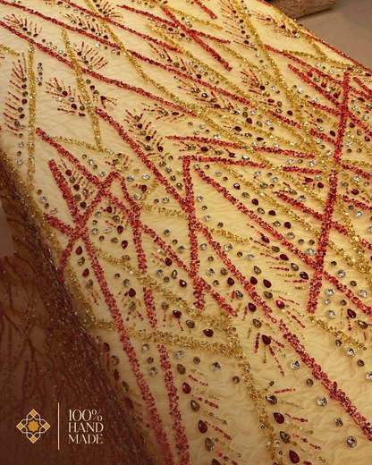 Handcrafted Luxury Embroidered Fabric – Art Deco Elegance in Golden, Red, and Green Variants