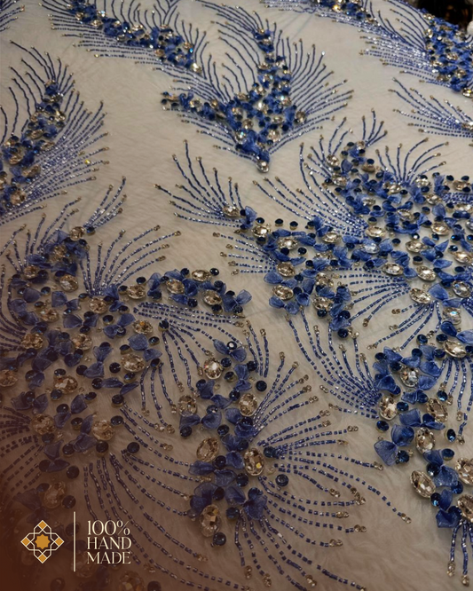 Serene Luxury: Hand-Embroidered Floral Tulle Fabric with Shimmering Elegance