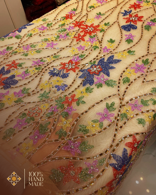 Handcrafted Floral Elegance – Luxurious Hand-Embroidered Fabric