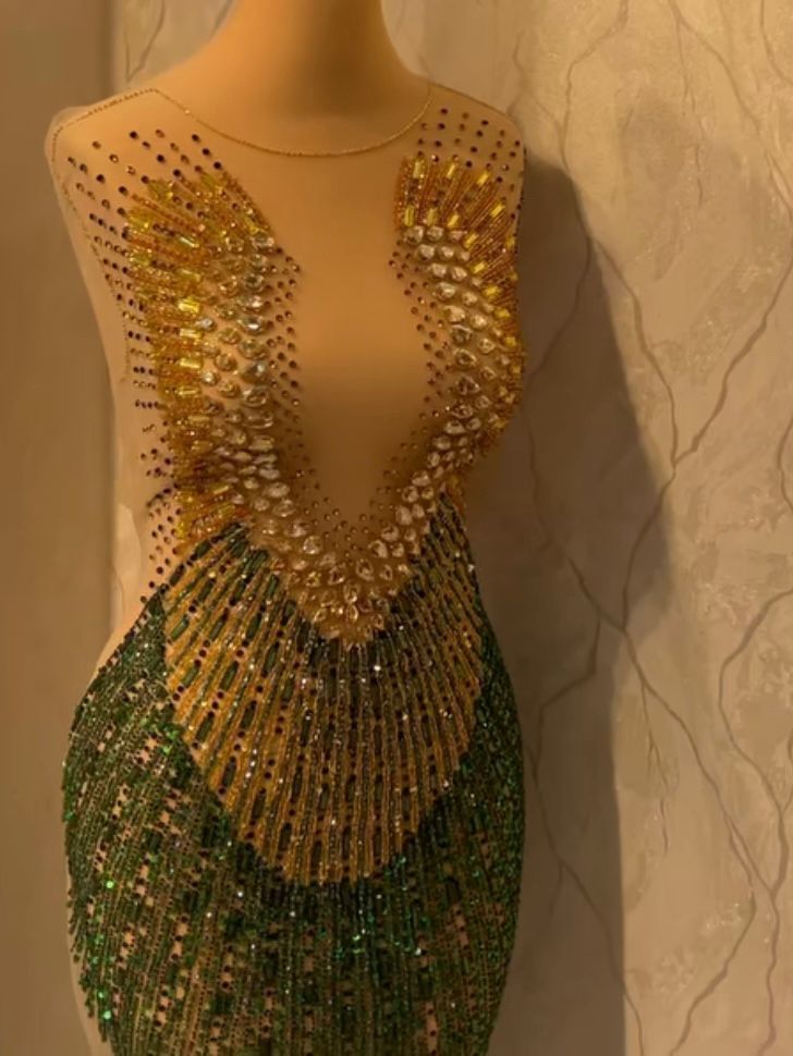 Bespoke Panel Embroidery Dress: A Symphony of Gold and Green Elegance