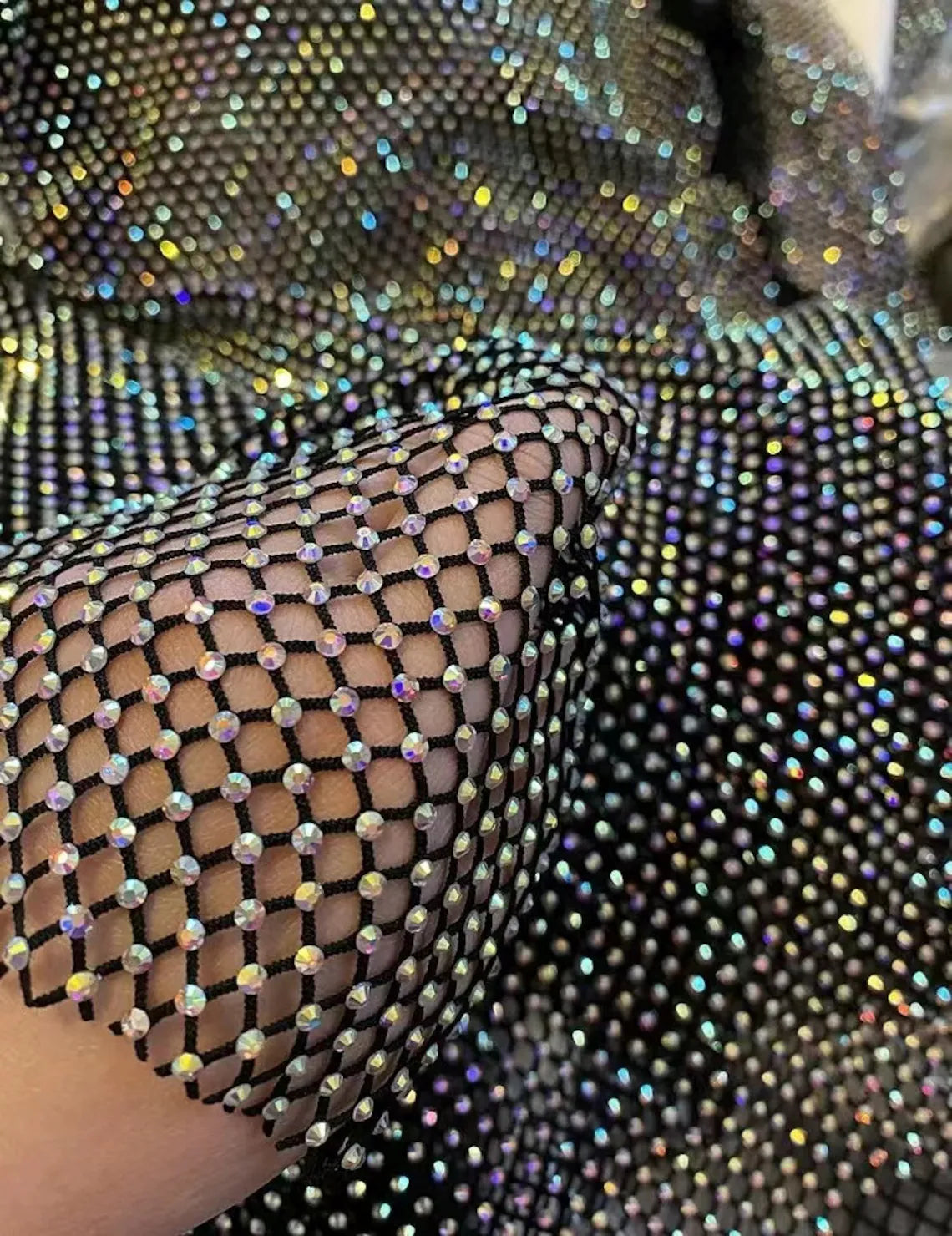 Vibrant Rhinestone Fishnet Fabric in Black, Pink, and White